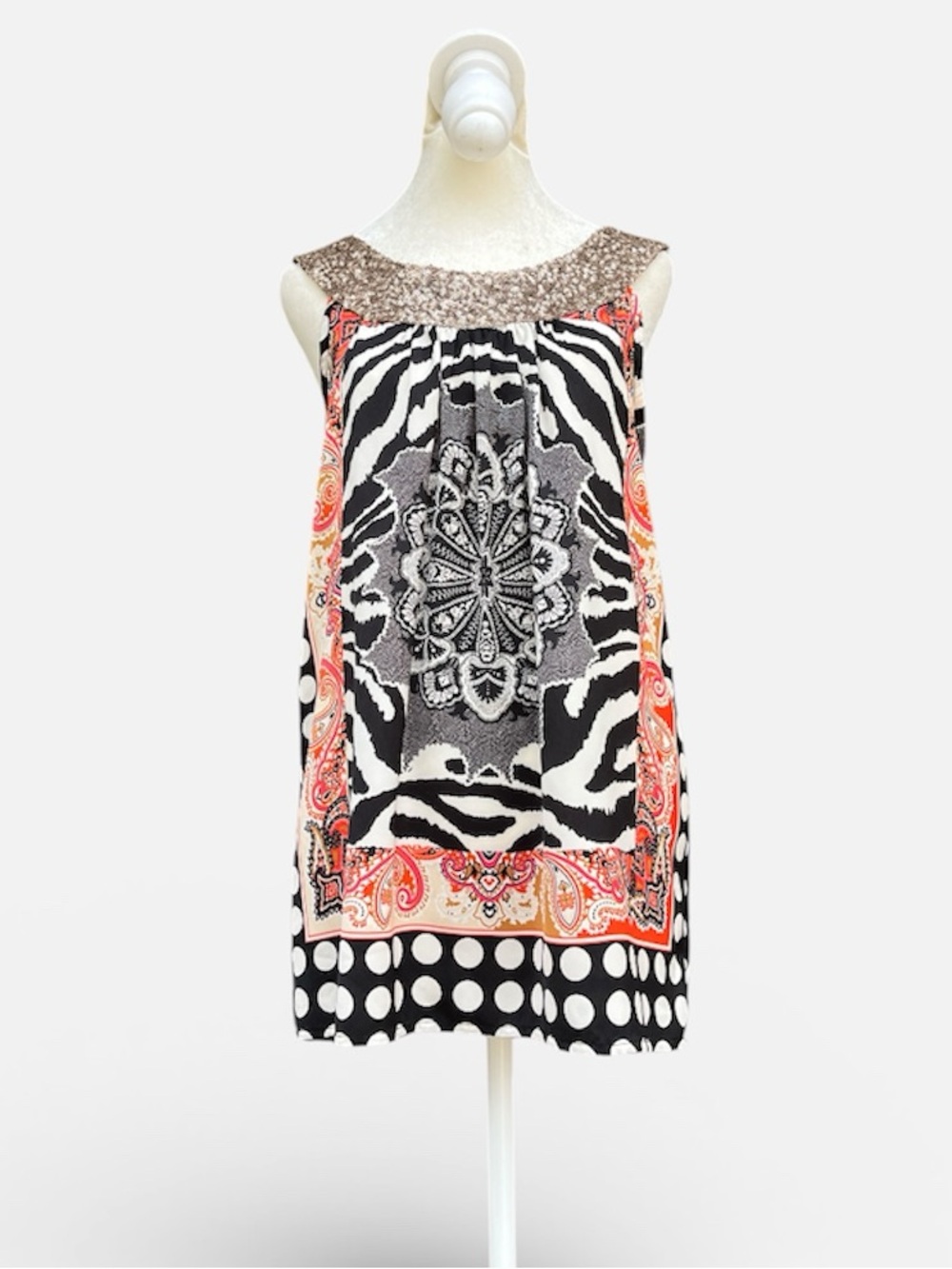 BELL by Alicia Bell Silk Sleeveless Tunic w/ Gold Sequin Neck in Multi Print